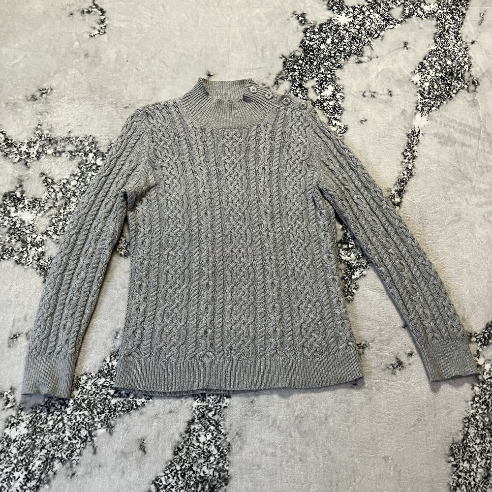 Talbots Sweater‎ Womens Sz MP Gray Cable Knit Shoulder Buttons Fisherman